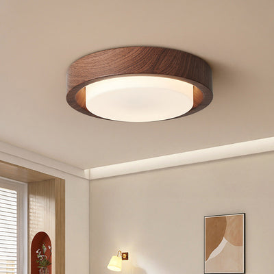 Contemporary Nordic Round Wood Iron Glass LED Flush Mount Ceiling Light For Hallways