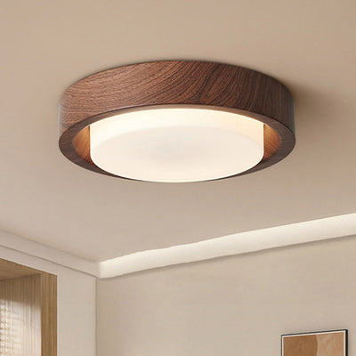 Contemporary Nordic Round Wood Iron Glass LED Flush Mount Ceiling Light For Hallways
