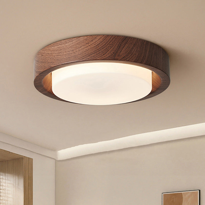 Contemporary Nordic Round Wood Iron Glass LED Flush Mount Ceiling Light For Hallways