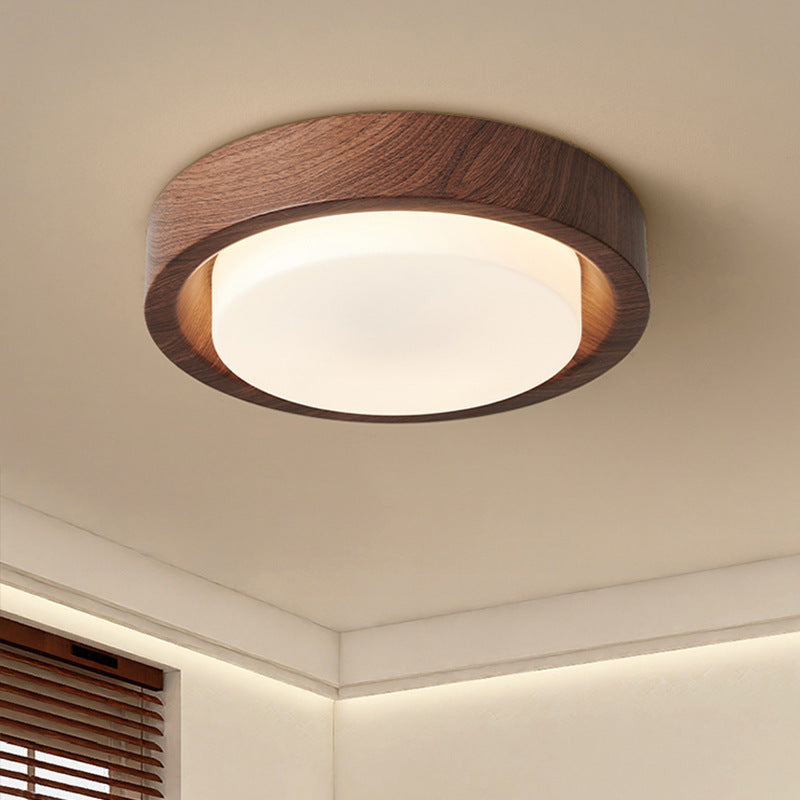 Plafonnier LED contemporain en bois rond nordique avec verre et fer pour couloirs 