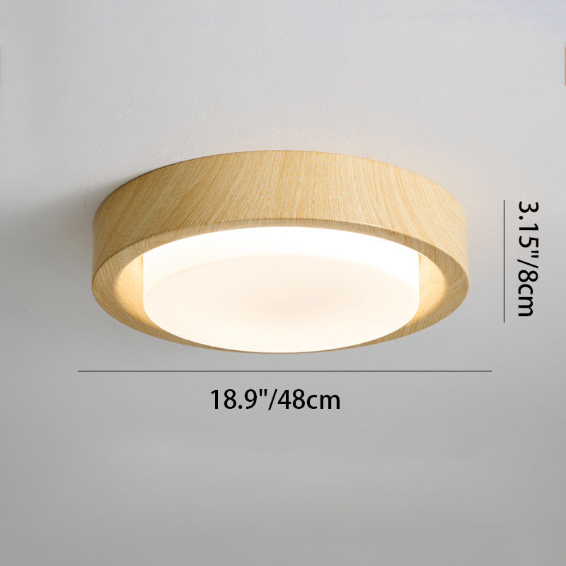 Contemporary Nordic Round Wood Iron Glass LED Flush Mount Ceiling Light For Hallways