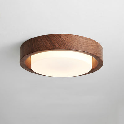 Contemporary Nordic Round Wood Iron Glass LED Flush Mount Ceiling Light For Hallways