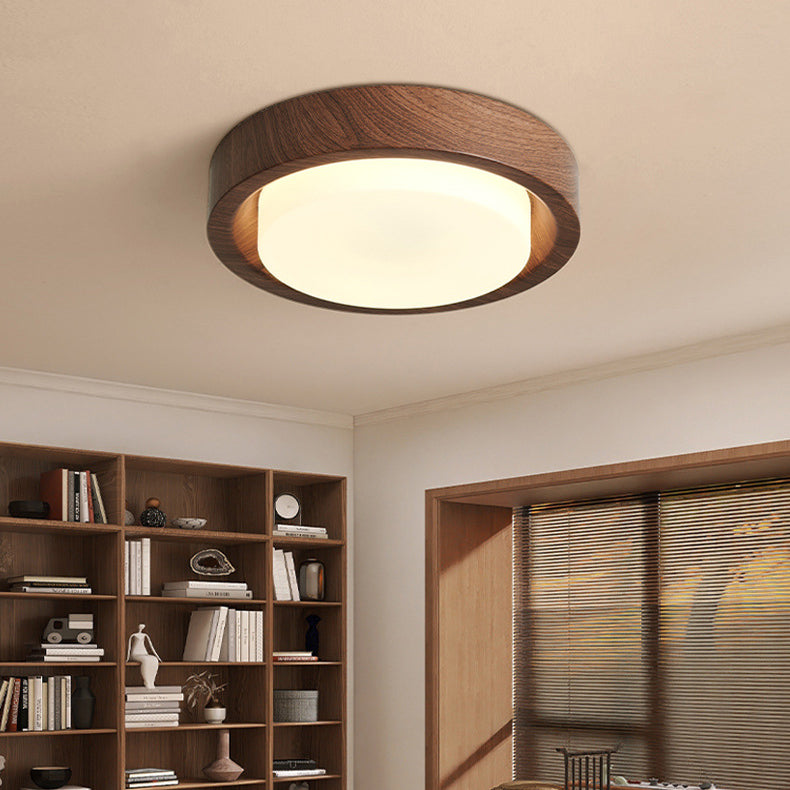 Contemporary Nordic Round Wood Iron Glass LED Flush Mount Ceiling Light For Hallways