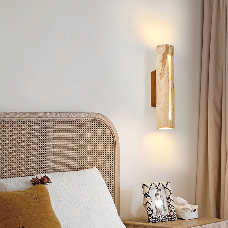 Zeitgenössische nordische Zylinder-Wandleuchte aus gelbem Travertin-Massivholz mit 1 Licht für Wohnzimmer &amp; Schlafzimmer 