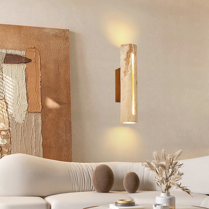 Zeitgenössische nordische Zylinder-Wandleuchte aus gelbem Travertin-Massivholz mit 1 Licht für Wohnzimmer &amp; Schlafzimmer 