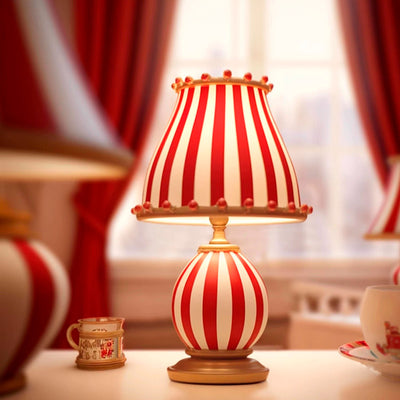 Contemporary Retro Round Striped Circus Style Wrought Iron Glass 1-Light Table Lamp For Bedroom & Living Room