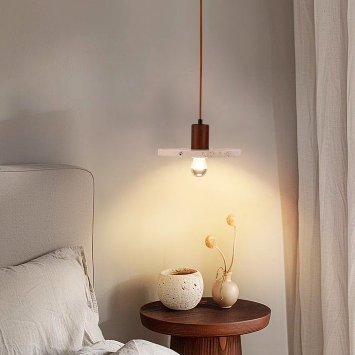 Contemporary Nordic Cylinder Yellow Travertine Solid Wood 1-Light Pendant Light For Bedroom &amp; Living Room