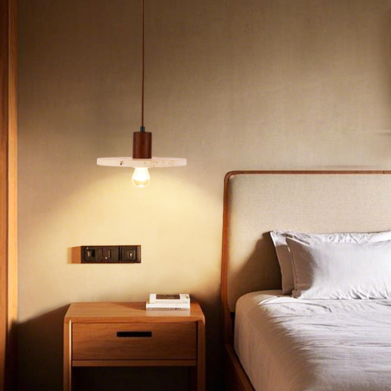 Contemporary Nordic Cylinder Yellow Travertine Solid Wood 1-Light Pendant Light For Bedroom & Living Room