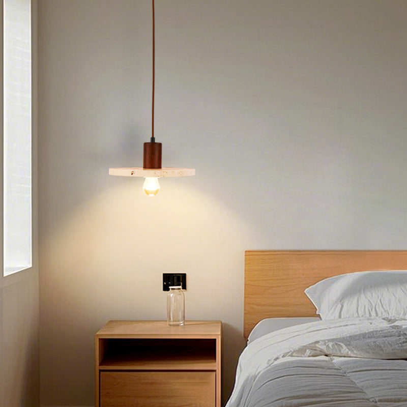 Contemporary Nordic Cylinder Yellow Travertine Solid Wood 1-Light Pendant Light For Bedroom & Living Room
