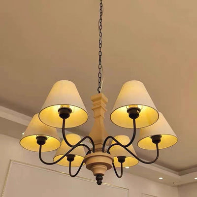 Traditional Rustic Round Turned Wood Design Wrought Iron Solid Wood 4/6-Light Chandeliers For Living Room