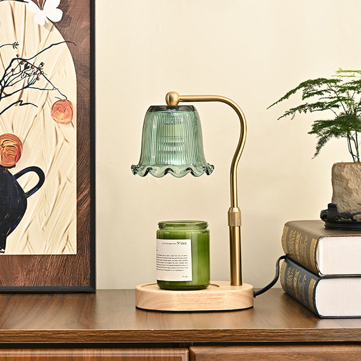 Traditional Vintage Iron Rubberwood Glass Floral Shape 1-Light Melting Wax Table Lamp For Bedroom