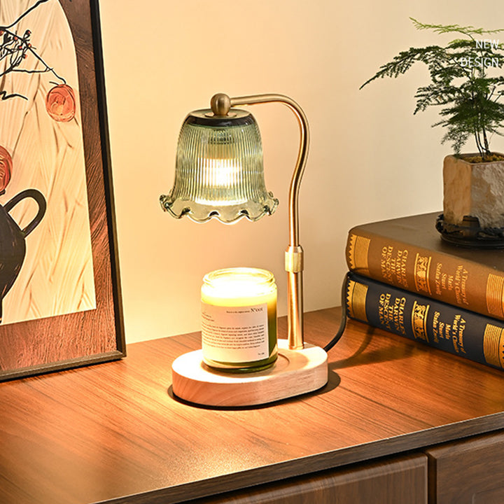 Traditional Vintage Iron Rubberwood Glass Floral Shape 1-Light Melting Wax Table Lamp For Bedroom