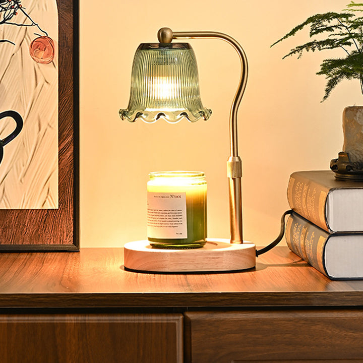 Traditional Vintage Iron Rubberwood Glass Floral Shape 1-Light Melting Wax Table Lamp For Bedroom