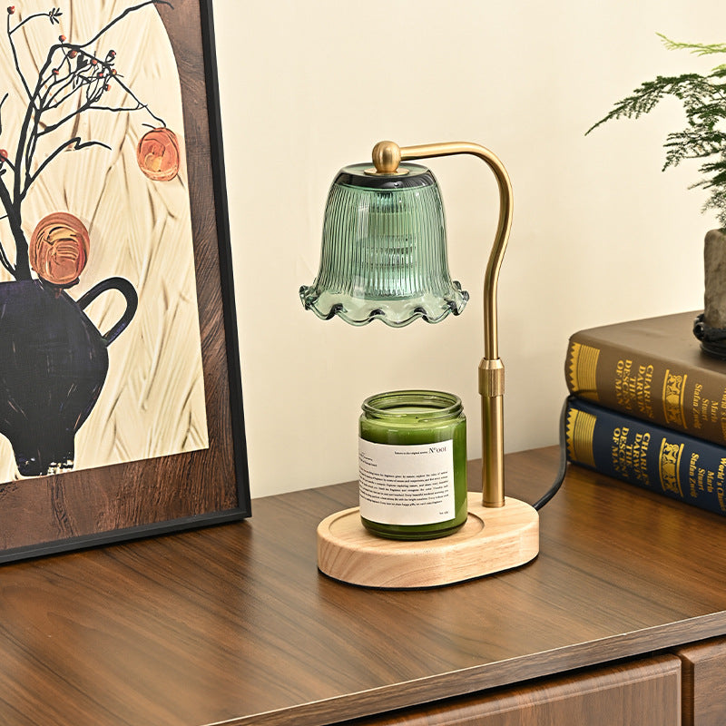 Traditional Vintage Iron Rubberwood Glass Floral Shape 1-Light Melting Wax Table Lamp For Bedroom