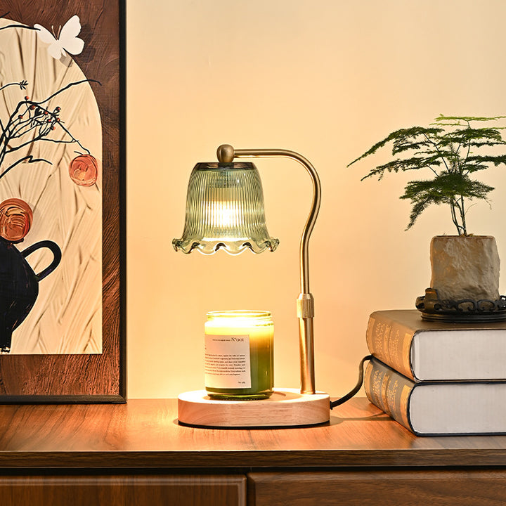 Traditional Vintage Iron Rubberwood Glass Floral Shape 1-Light Melting Wax Table Lamp For Bedroom