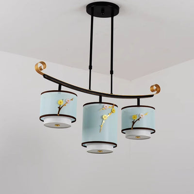 Traditionelle chinesische Zylinder-Musterstoff-Lampenschirm Eisen 3/4 - Licht Kronleuchter für Esszimmer 