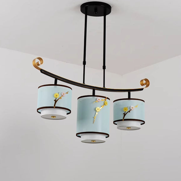 Traditionelle chinesische Zylinder-Musterstoff-Lampenschirm Eisen 3/4 - Licht Kronleuchter für Esszimmer 