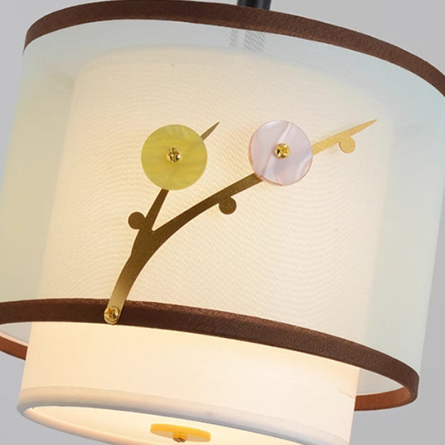 Traditionelle chinesische Zylinder-Musterstoff-Lampenschirm Eisen 3/4 - Licht Kronleuchter für Esszimmer 