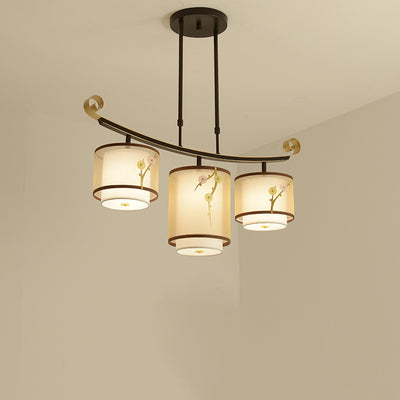 Traditionelle chinesische Zylinder-Musterstoff-Lampenschirm Eisen 3/4 - Licht Kronleuchter für Esszimmer 