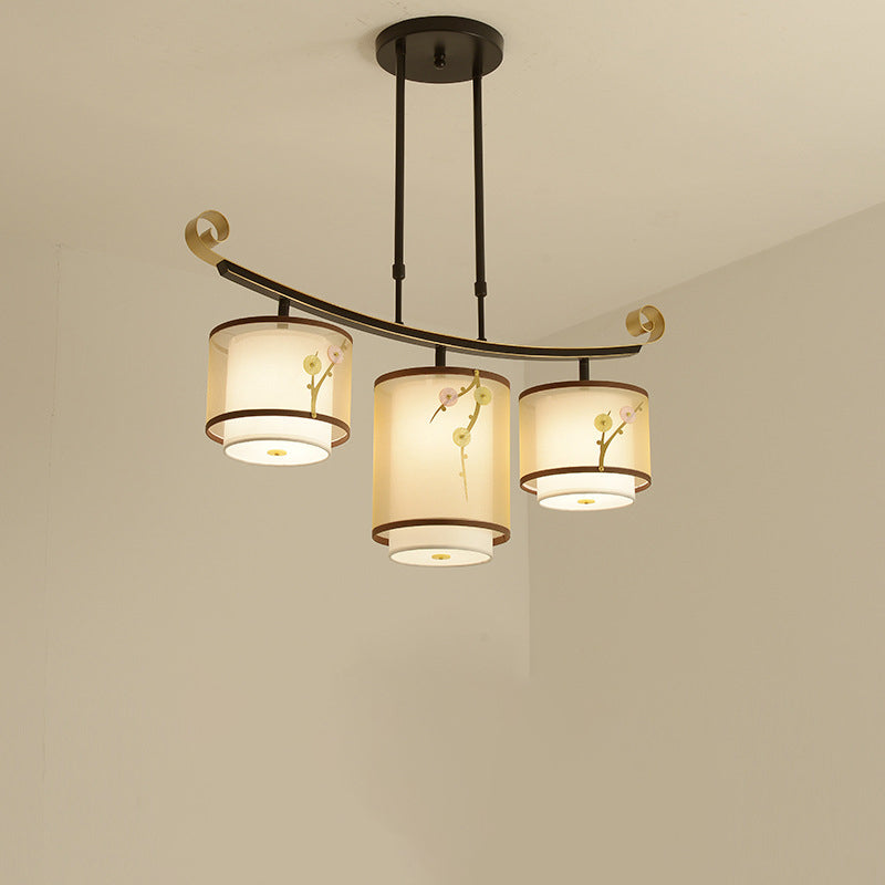 Traditionelle chinesische Zylinder-Musterstoff-Lampenschirm Eisen 3/4 - Licht Kronleuchter für Esszimmer 