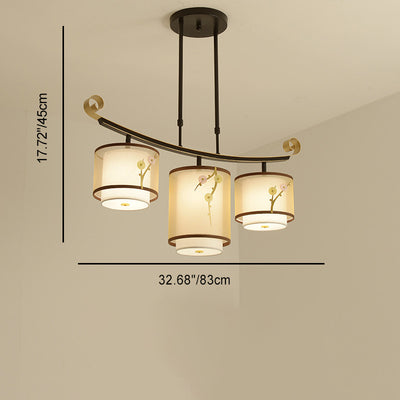 Traditionelle chinesische Zylinder-Musterstoff-Lampenschirm Eisen 3/4 - Licht Kronleuchter für Esszimmer 