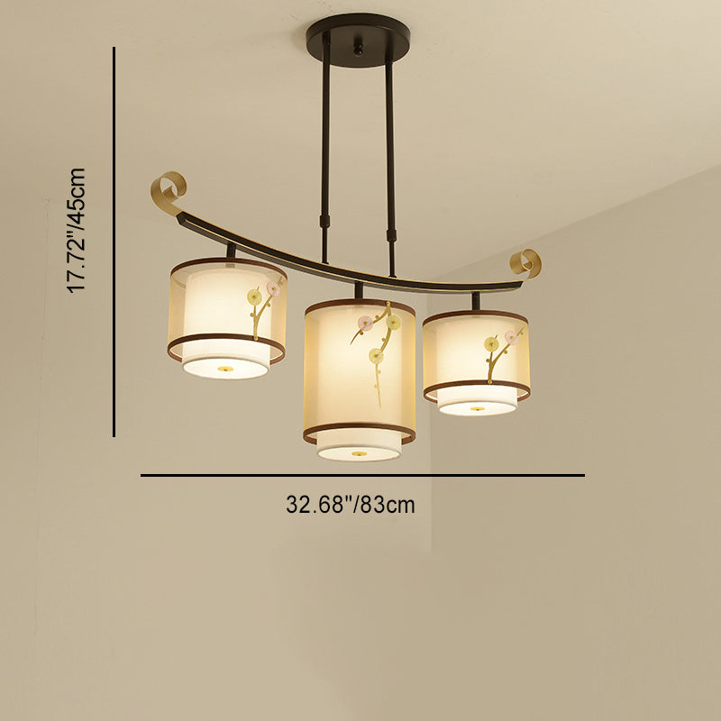 Traditionelle chinesische Zylinder-Musterstoff-Lampenschirm Eisen 3/4 - Licht Kronleuchter für Esszimmer 