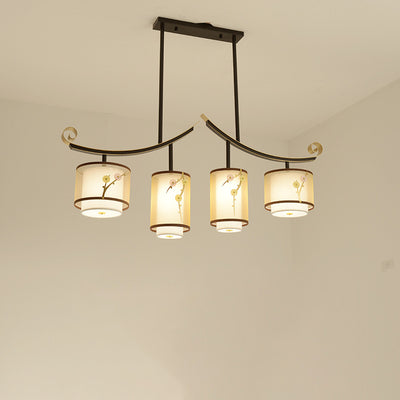 Traditionelle chinesische Zylinder-Musterstoff-Lampenschirm Eisen 3/4 - Licht Kronleuchter für Esszimmer 