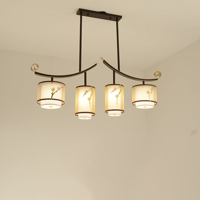 Traditionelle chinesische Zylinder-Musterstoff-Lampenschirm Eisen 3/4 - Licht Kronleuchter für Esszimmer 