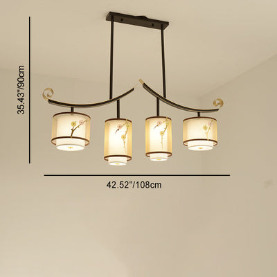 Traditionelle chinesische Zylinder-Musterstoff-Lampenschirm Eisen 3/4 - Licht Kronleuchter für Esszimmer 