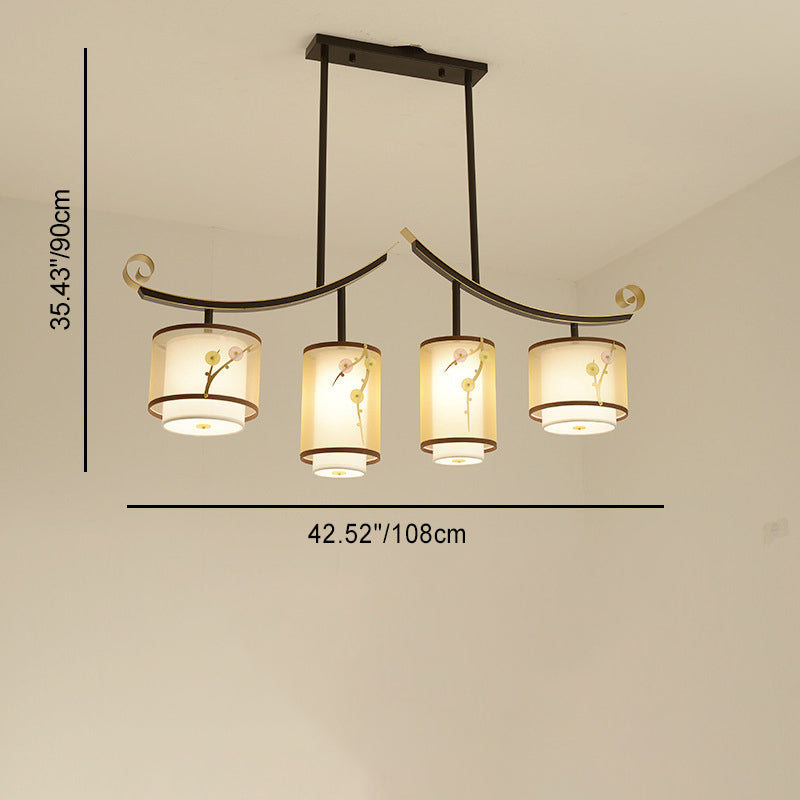 Traditionelle chinesische Zylinder-Musterstoff-Lampenschirm Eisen 3/4 - Licht Kronleuchter für Esszimmer 