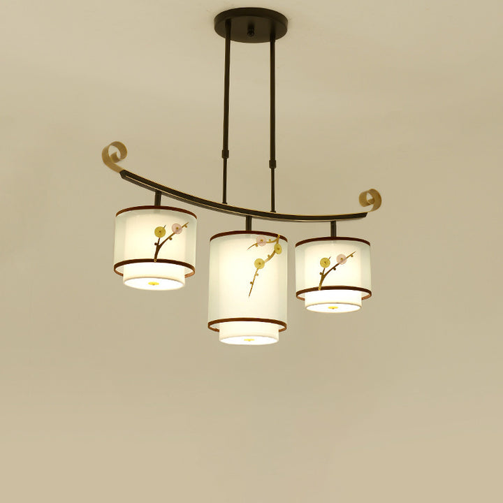 Traditional Chinese Cylinder Pattern Fabric Lampshade Iron 3/4 - Light Chandelier For Dining Room