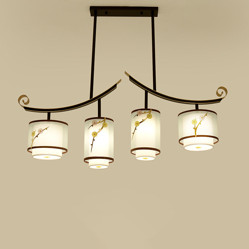 Traditionelle chinesische Zylinder-Musterstoff-Lampenschirm Eisen 3/4 - Licht Kronleuchter für Esszimmer 