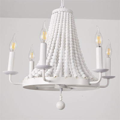 Moderno candelabro de madera con cuentas de hierro de 6 luces en forma de domo trapezoidal minimalista para sala de estar 