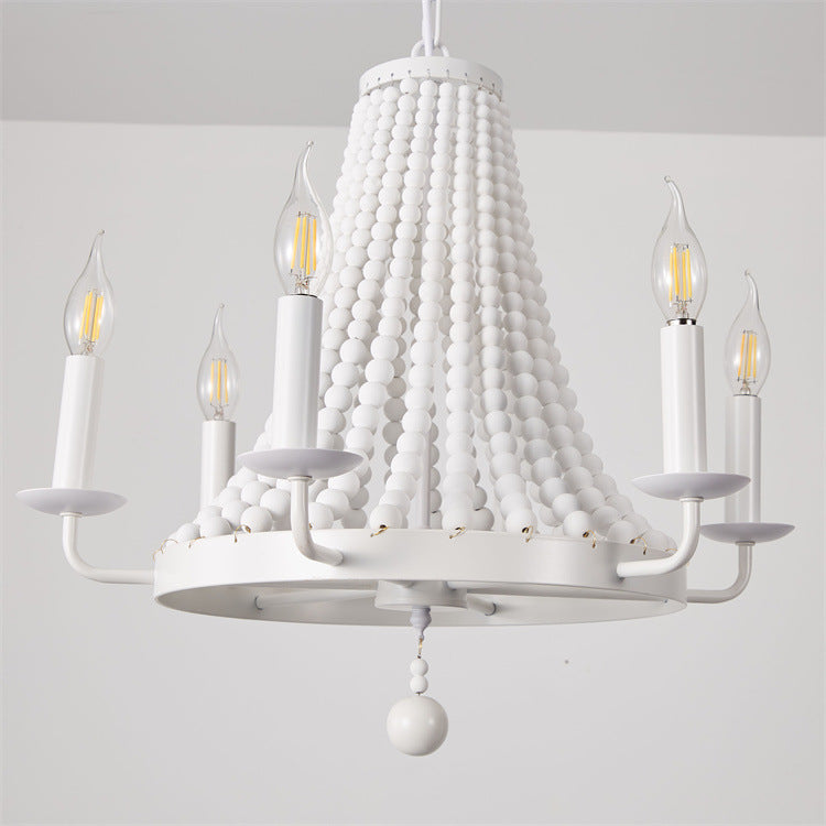 Moderno candelabro de madera con cuentas de hierro de 6 luces en forma de domo trapezoidal minimalista para sala de estar 