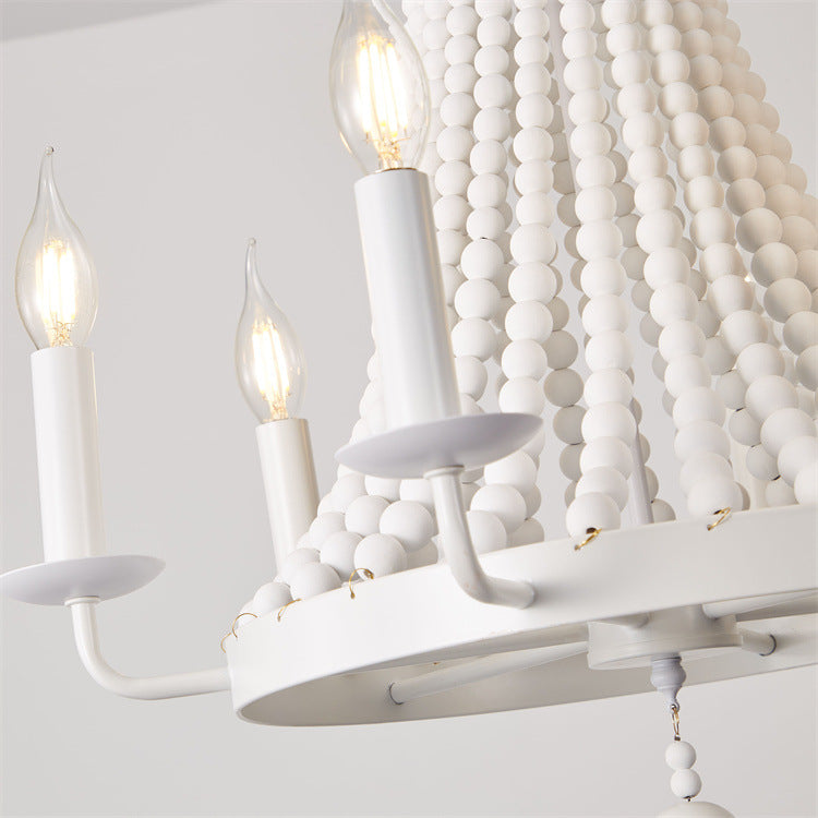 Moderno candelabro de madera con cuentas de hierro de 6 luces en forma de domo trapezoidal minimalista para sala de estar 