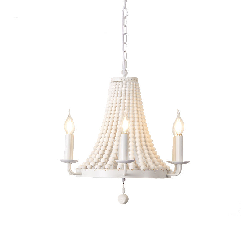 Moderno candelabro de madera con cuentas de hierro de 6 luces en forma de domo trapezoidal minimalista para sala de estar 