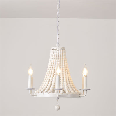 Moderno candelabro de madera con cuentas de hierro de 6 luces en forma de domo trapezoidal minimalista para sala de estar 