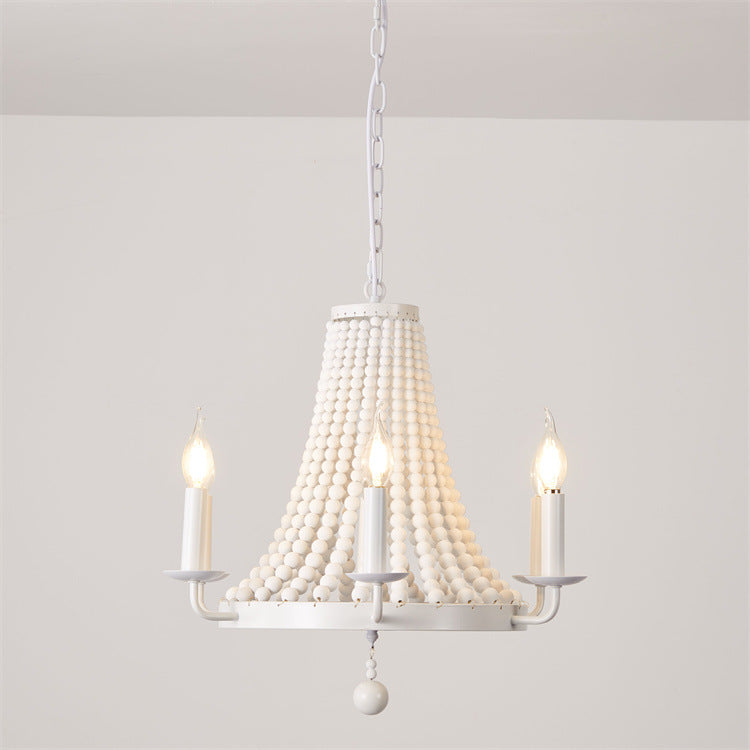 Moderno candelabro de madera con cuentas de hierro de 6 luces en forma de domo trapezoidal minimalista para sala de estar 