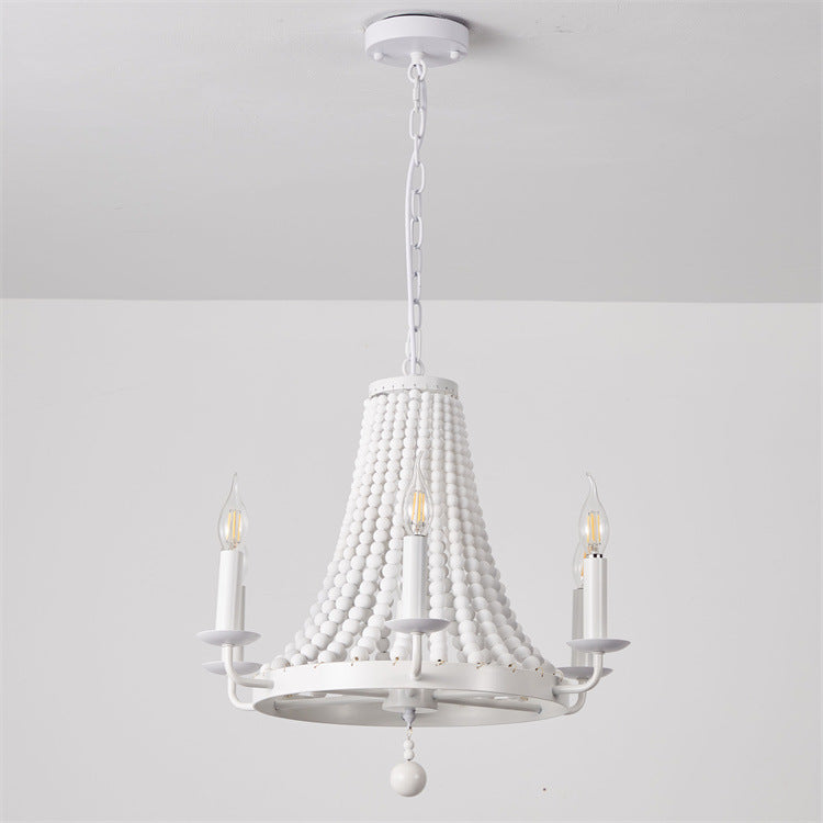 Moderno candelabro de madera con cuentas de hierro de 6 luces en forma de domo trapezoidal minimalista para sala de estar 