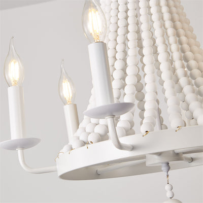 Moderno candelabro de madera con cuentas de hierro de 6 luces en forma de domo trapezoidal minimalista para sala de estar 