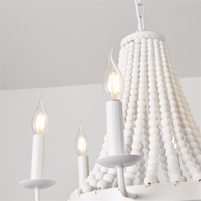 Moderno candelabro de madera con cuentas de hierro de 6 luces en forma de domo trapezoidal minimalista para sala de estar 