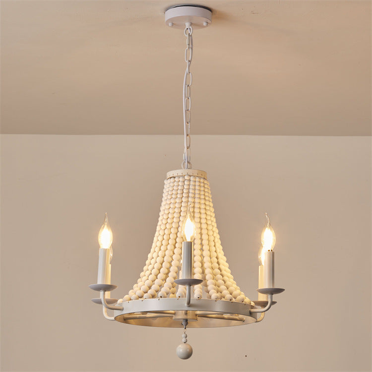 Moderno candelabro de madera con cuentas de hierro de 6 luces en forma de domo trapezoidal minimalista para sala de estar 