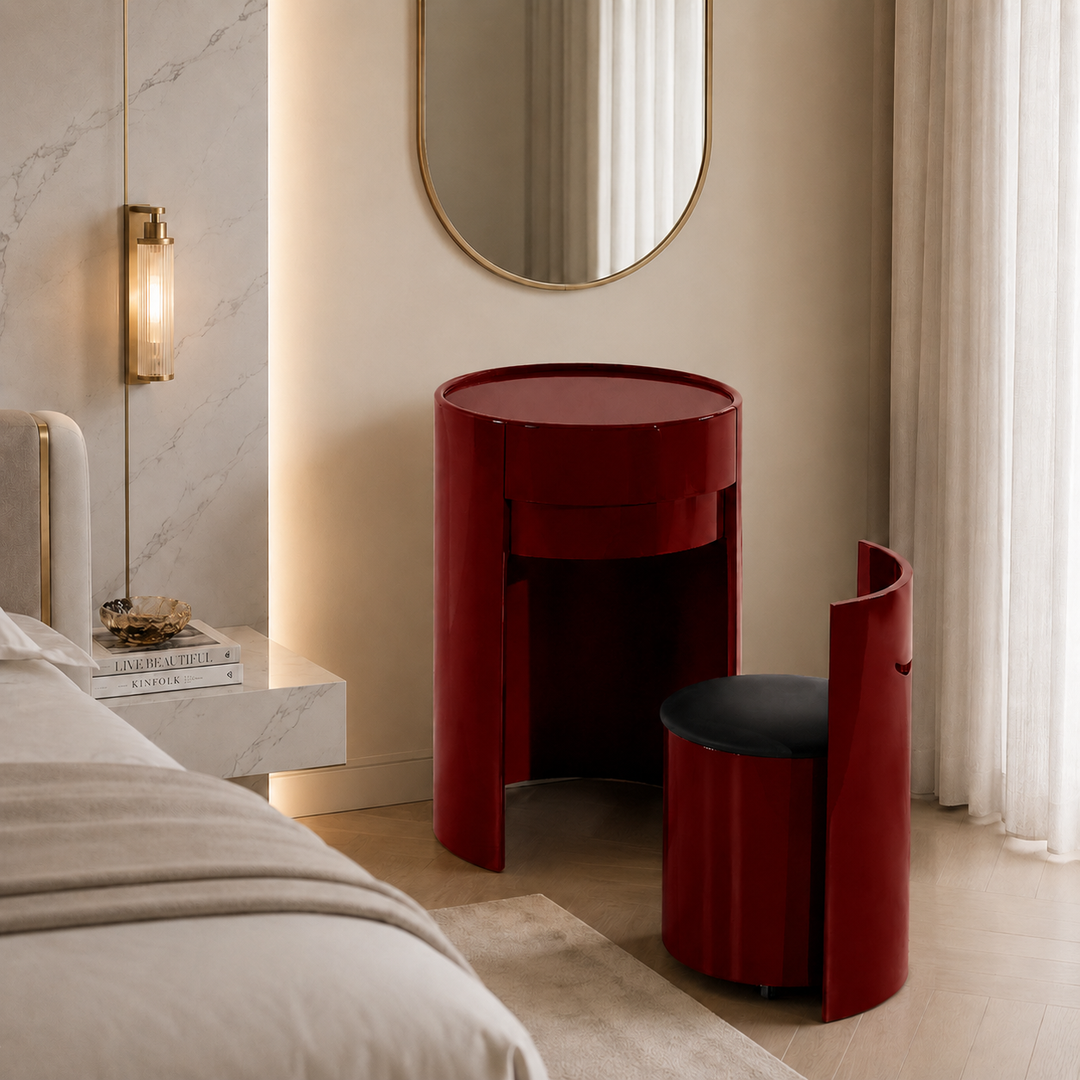 Nordic Round Makeup Vanity Set - MDF Dressing Table With 2 Drawers &amp; Rolling Storage Chair
