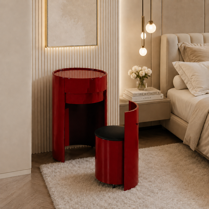 Nordic Round Makeup Vanity Set - MDF Dressing Table With 2 Drawers &amp; Rolling Storage Chair