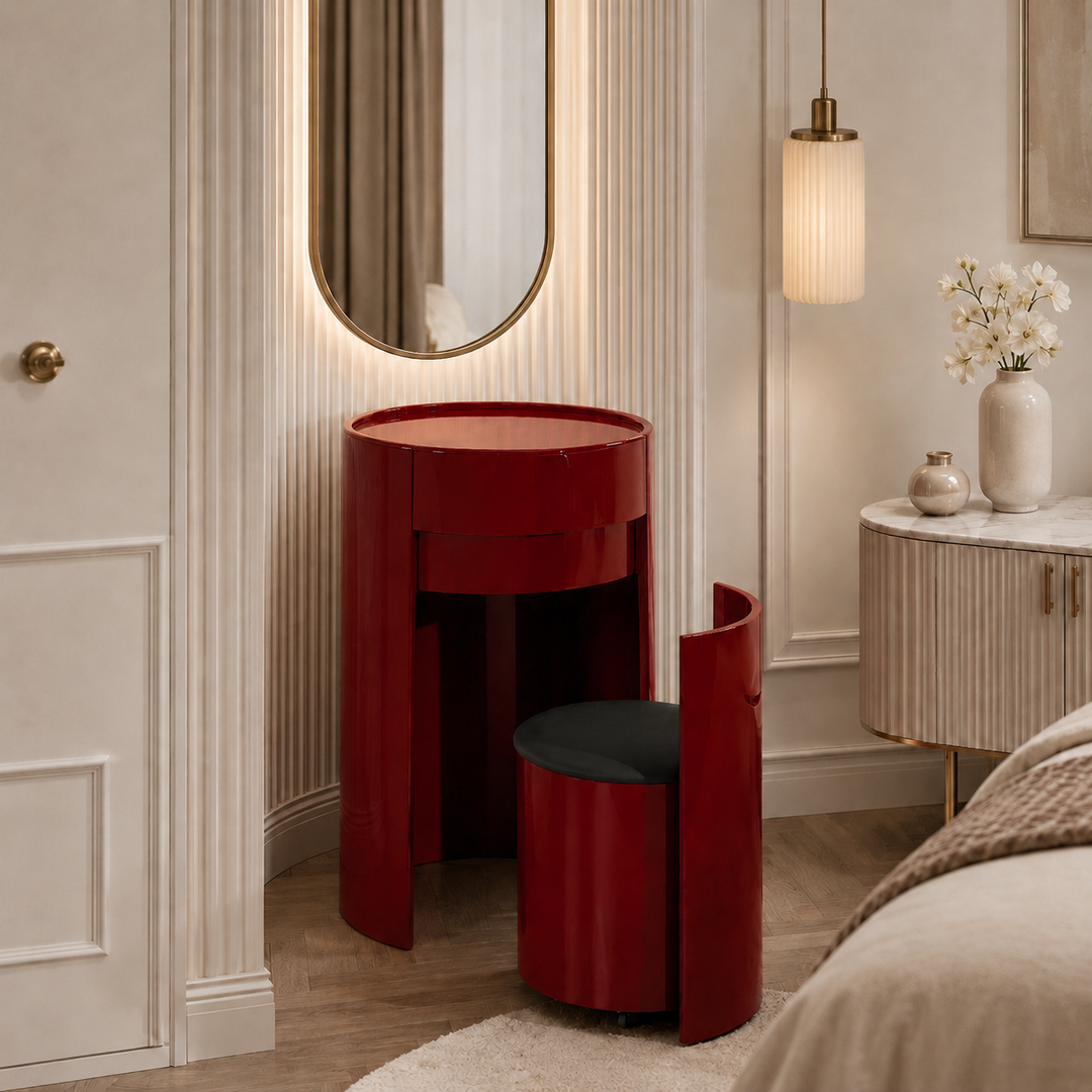 Nordic Round Makeup Vanity Set - MDF Dressing Table With 2 Drawers &amp; Rolling Storage Chair