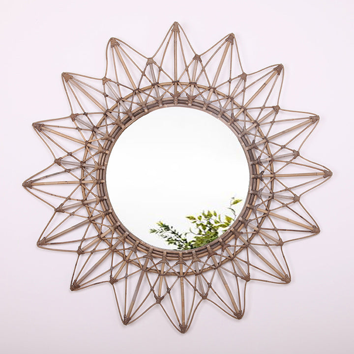 Zeitgenössischer Boho-Sonnenstrahl handgewebter indonesischer Rattan-Wandspiegel - Nordischer natürlicher dekorativer runder Spiegel für Wohnzimmer, Schlafzimmer & Eingang 