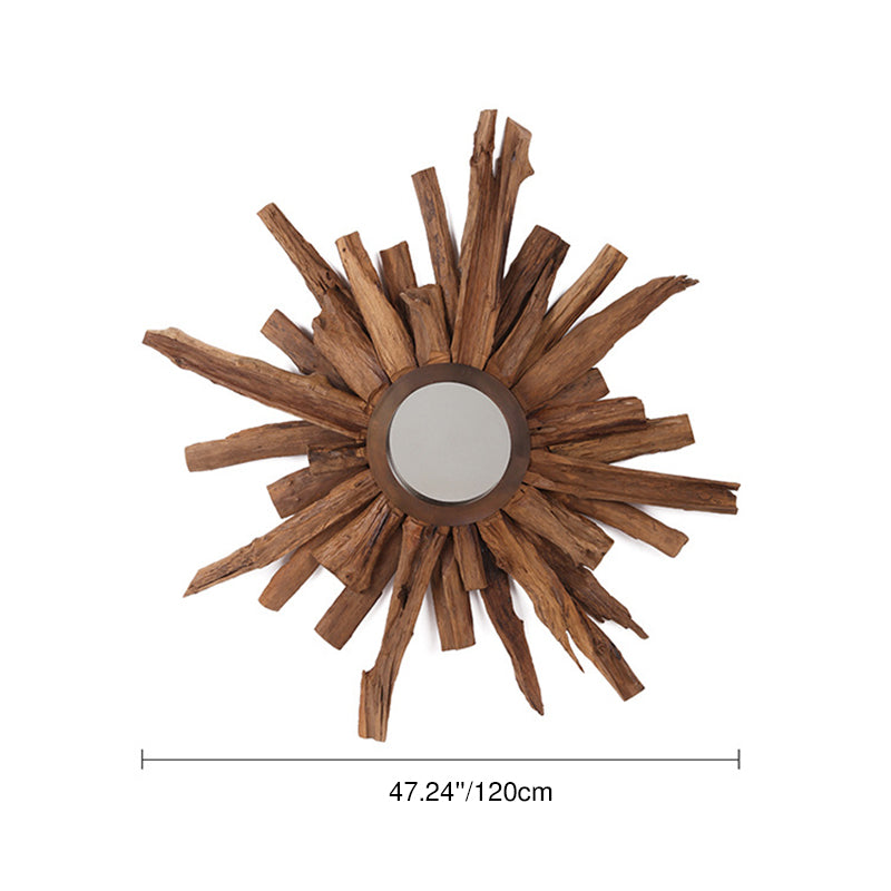 Miroir mural contemporain en teck sunburst - Miroir décoratif créatif en teck naturel pour salon 