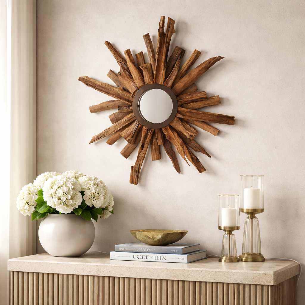 Miroir mural contemporain en teck sunburst - Miroir décoratif créatif en teck naturel pour salon 