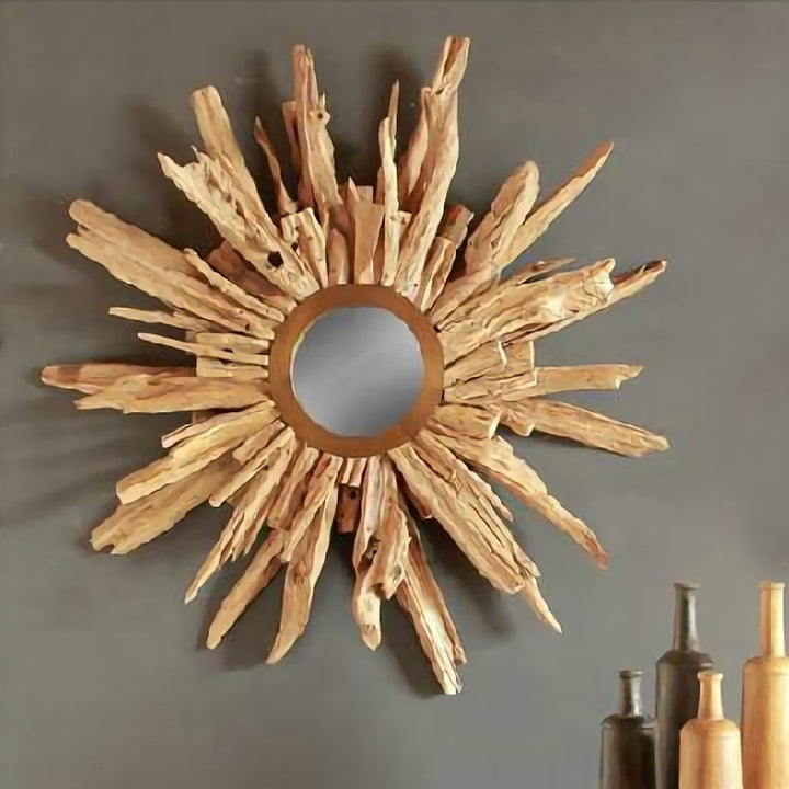 Zeitgenössischer Sonnenstrahl-Wandspiegel aus Teakholz - Kreativer natürlicher Teak-Dekorationsspiegel für das Wohnzimmer 