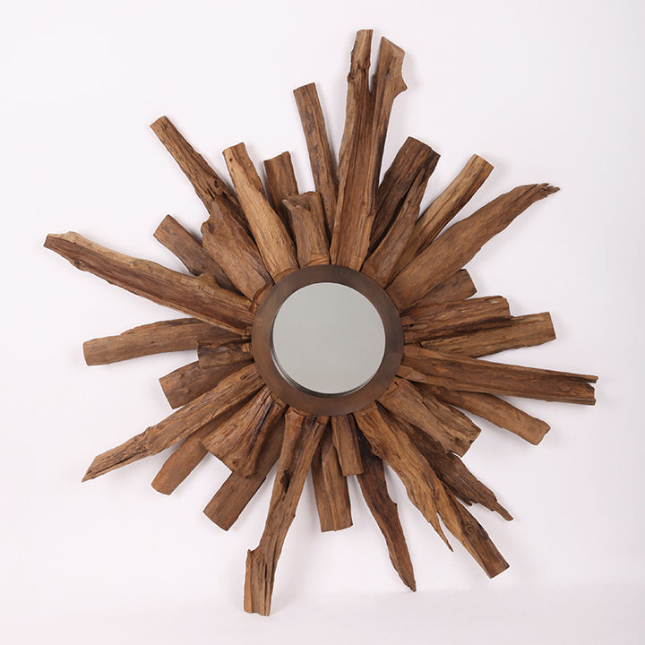 Zeitgenössischer Sonnenstrahl-Wandspiegel aus Teakholz - Kreativer natürlicher Teak-Dekorationsspiegel für das Wohnzimmer 